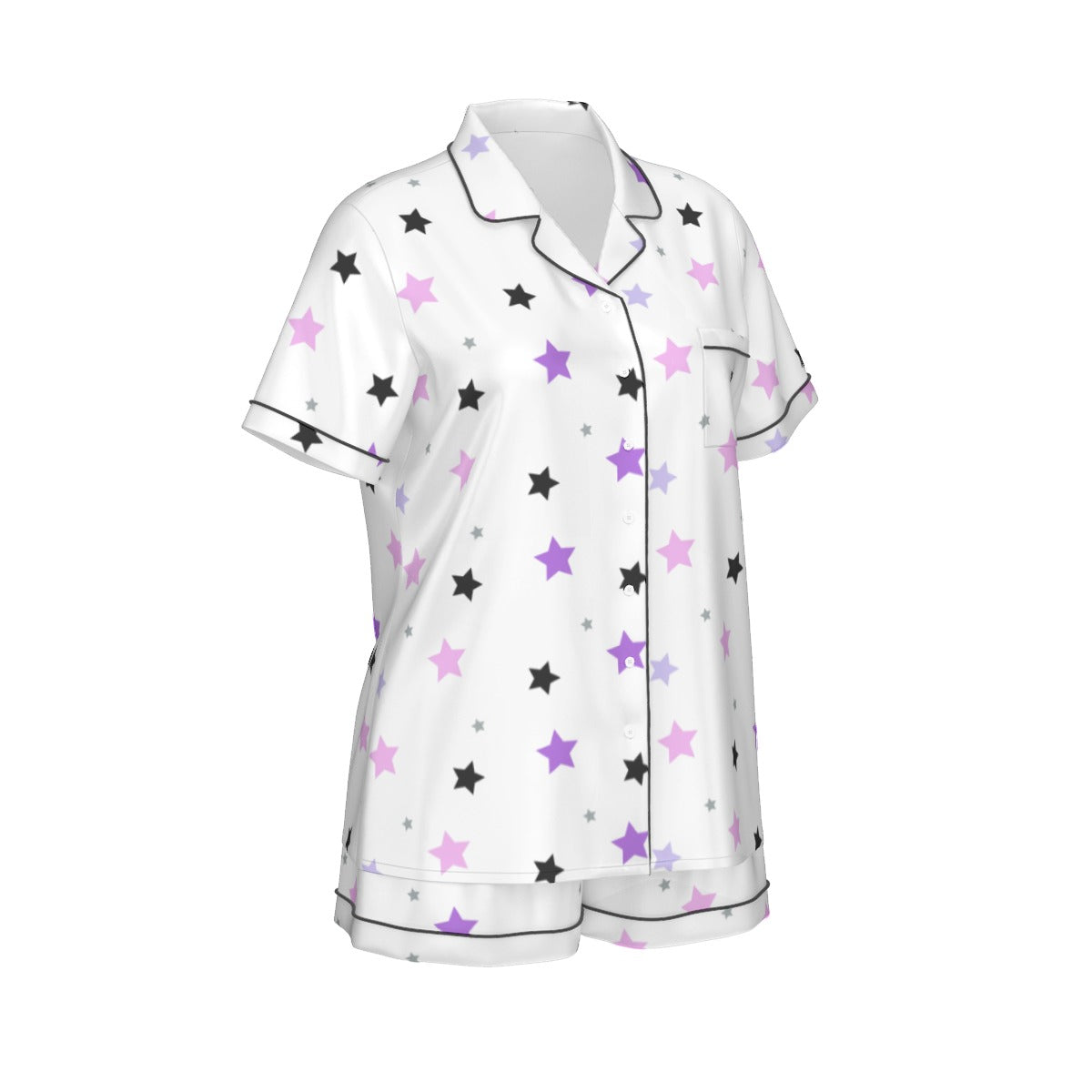 Purple, Pink And Black Stars Women's Imitation Silk Pajama Set With Short Sleeve