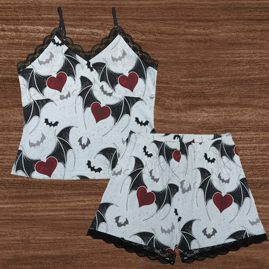 Hearts With Bat Wings Cami Home Suit With Lace Edge