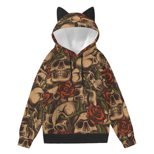 Bronze Skulls And Roses Hoodie With Cat Ears