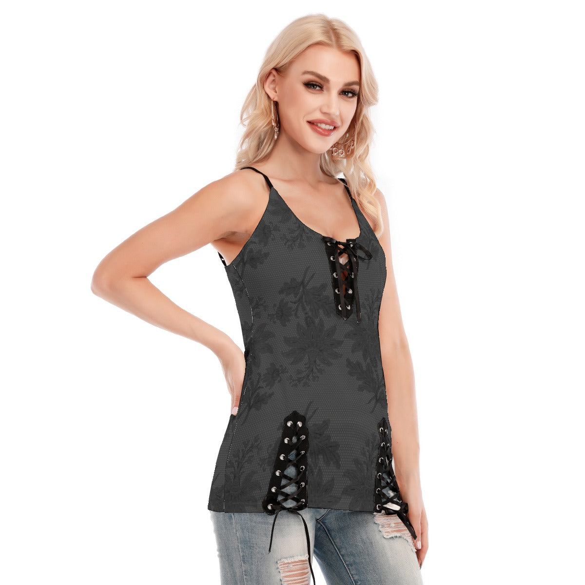 Grey Flowers V-neck Eyelet Lace-up Cami Top