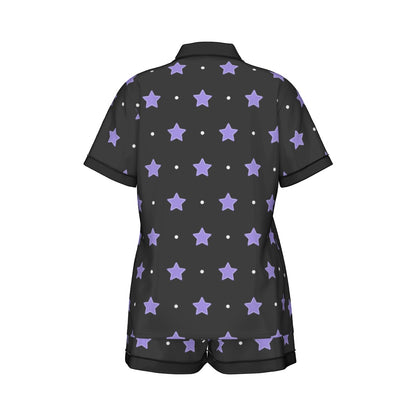 Purple Stars Women's Imitation Silk Pajama Set With Short Sleeve