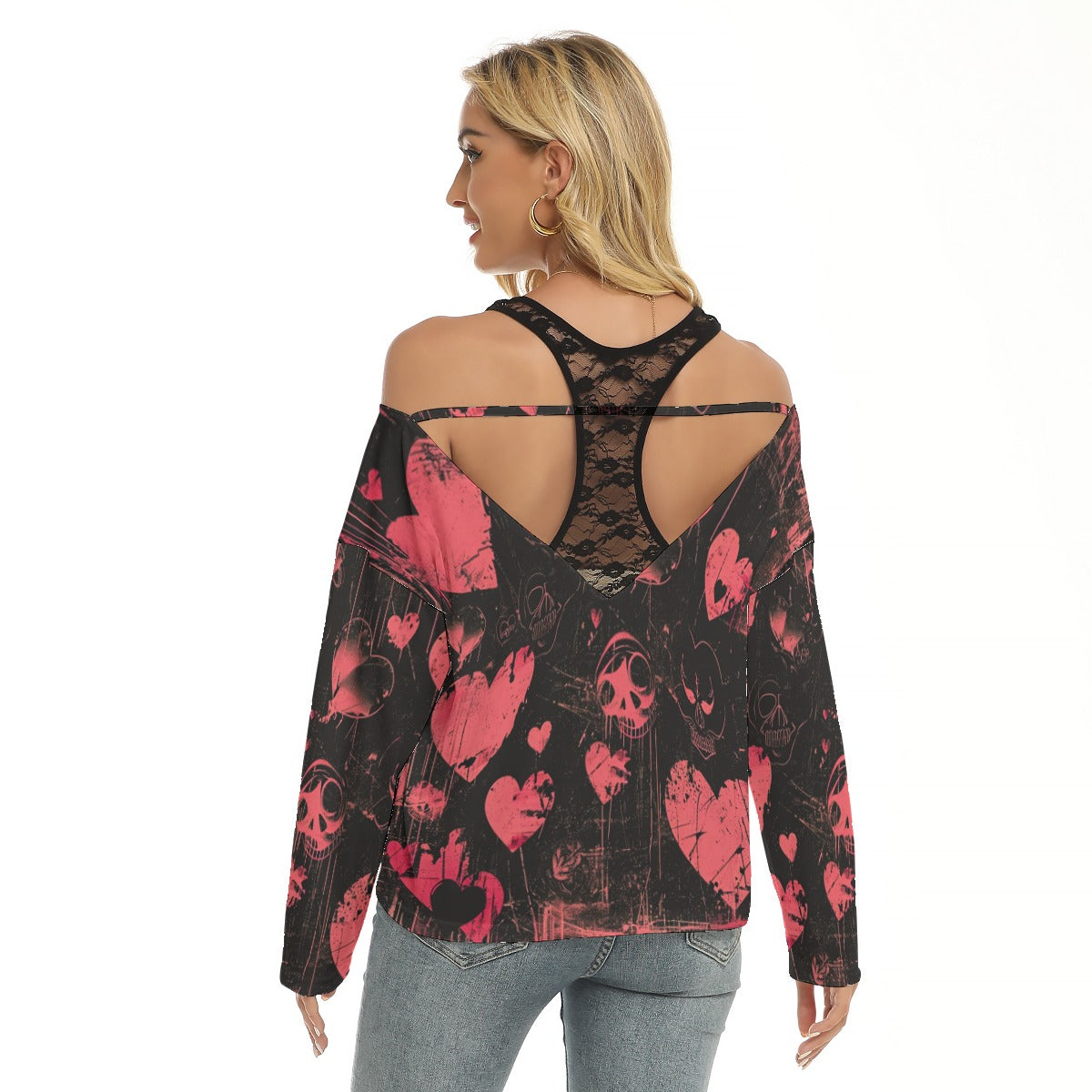 Faded Hearts And Skulls Lace Mesh Collar Cold Shoulder Long Sleeves Blouse