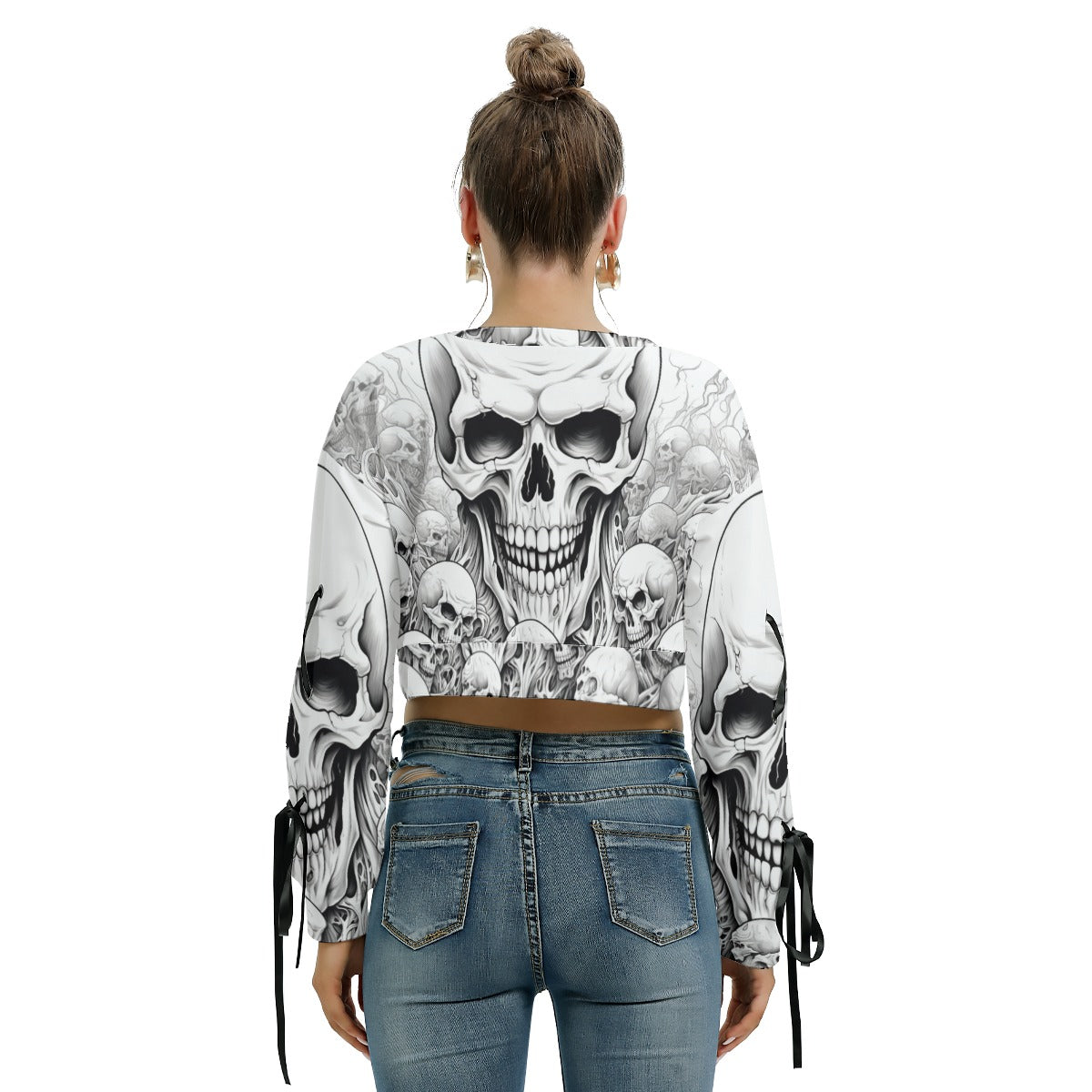 Skull Pile Long Sleeve Cropped Sweatshirt With Lace up