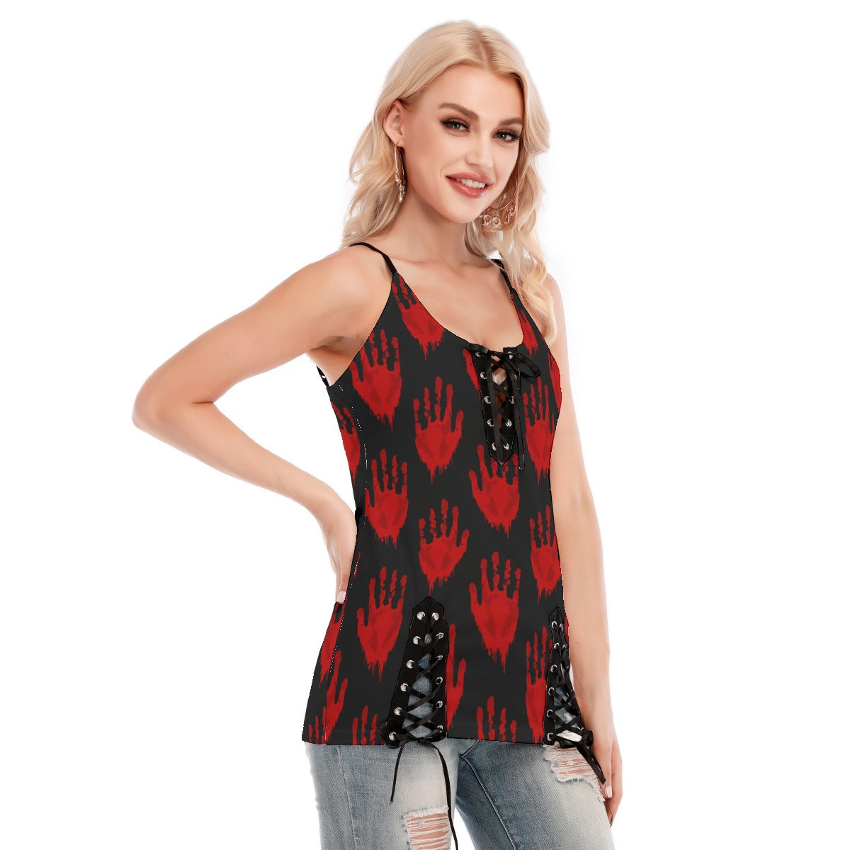 Bloody Hand Prints V-neck Eyelet Lace-up Cami Top