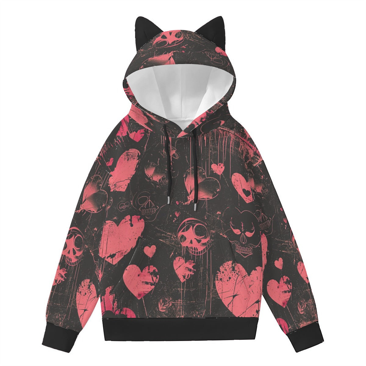 Faded Hearts Hoodie With Cat Ears