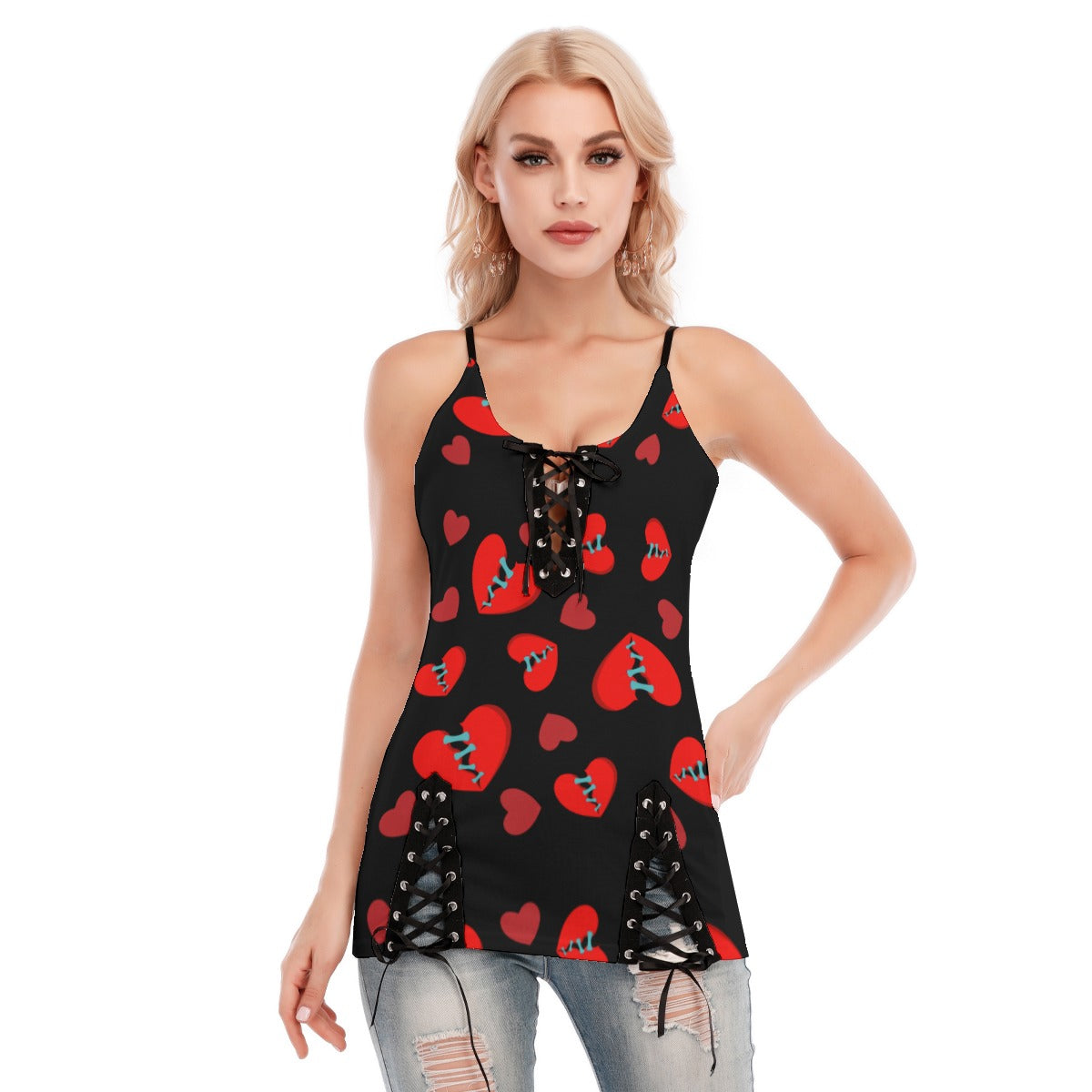 Broken Hearts V-neck Eyelet Lace-up Cami Top