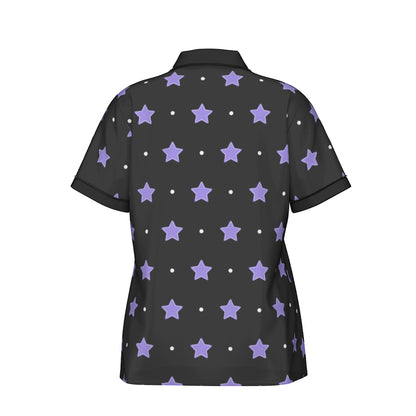 Purple Stars Women's Imitation Silk Pajama Set With Short Sleeve