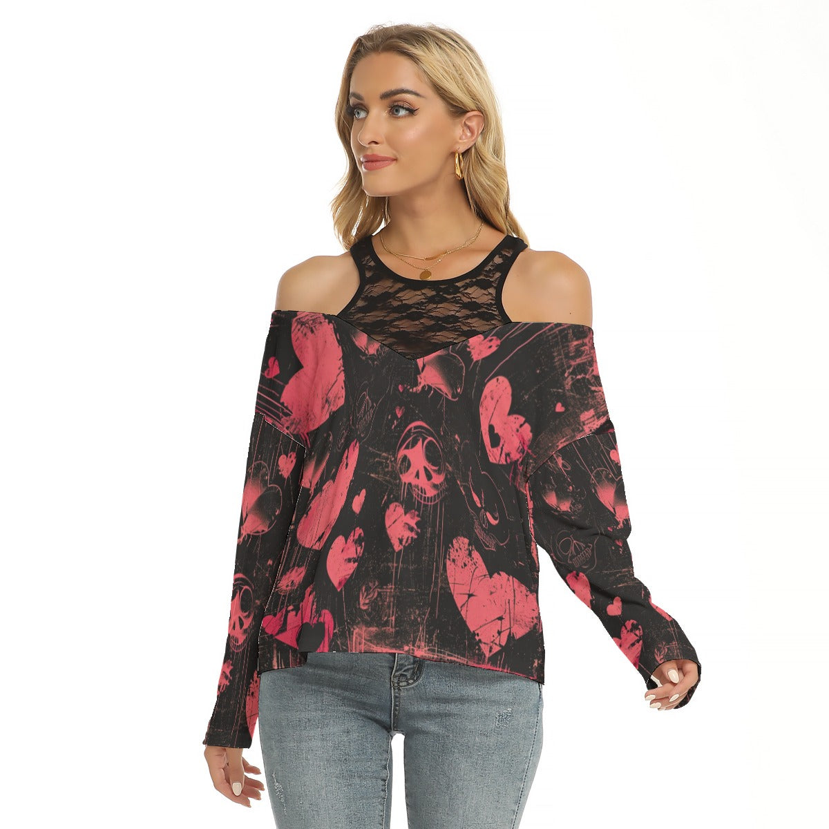 Faded Hearts And Skulls Lace Mesh Collar Cold Shoulder Long Sleeves Blouse