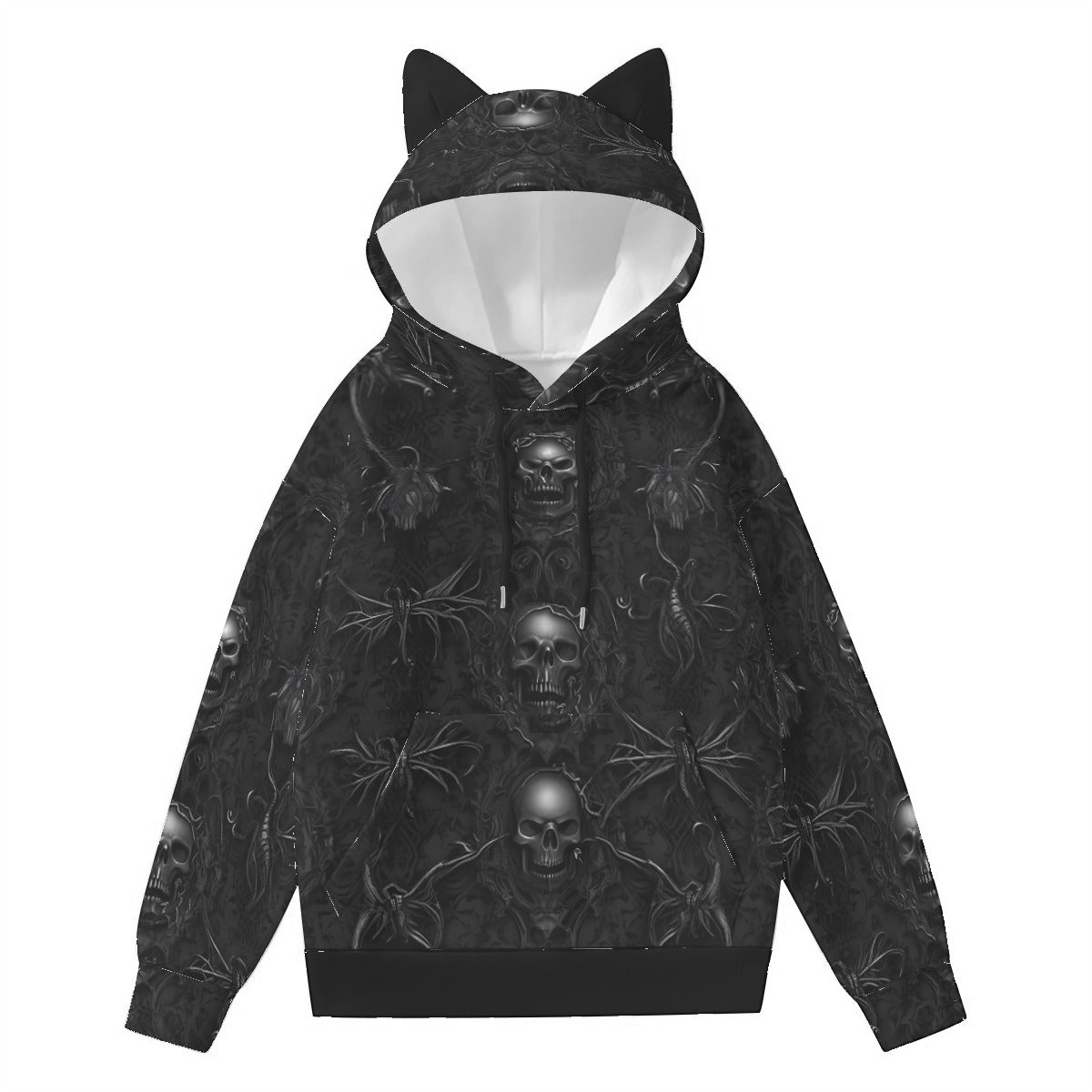 Goth Skulls Hoodie With Cat Ears