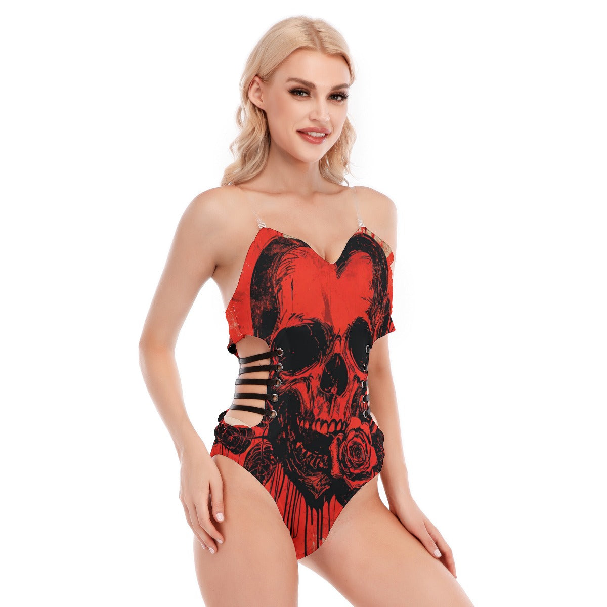 Happy Red And Black Skull Tube Top Bodysuit With Side Black Straps