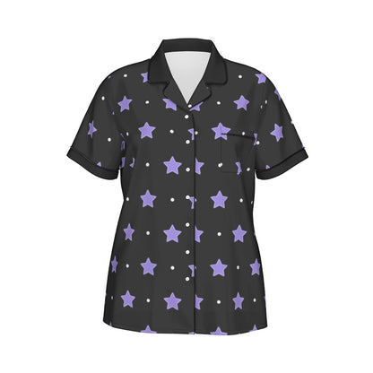 Purple Stars Women's Imitation Silk Pajama Set With Short Sleeve