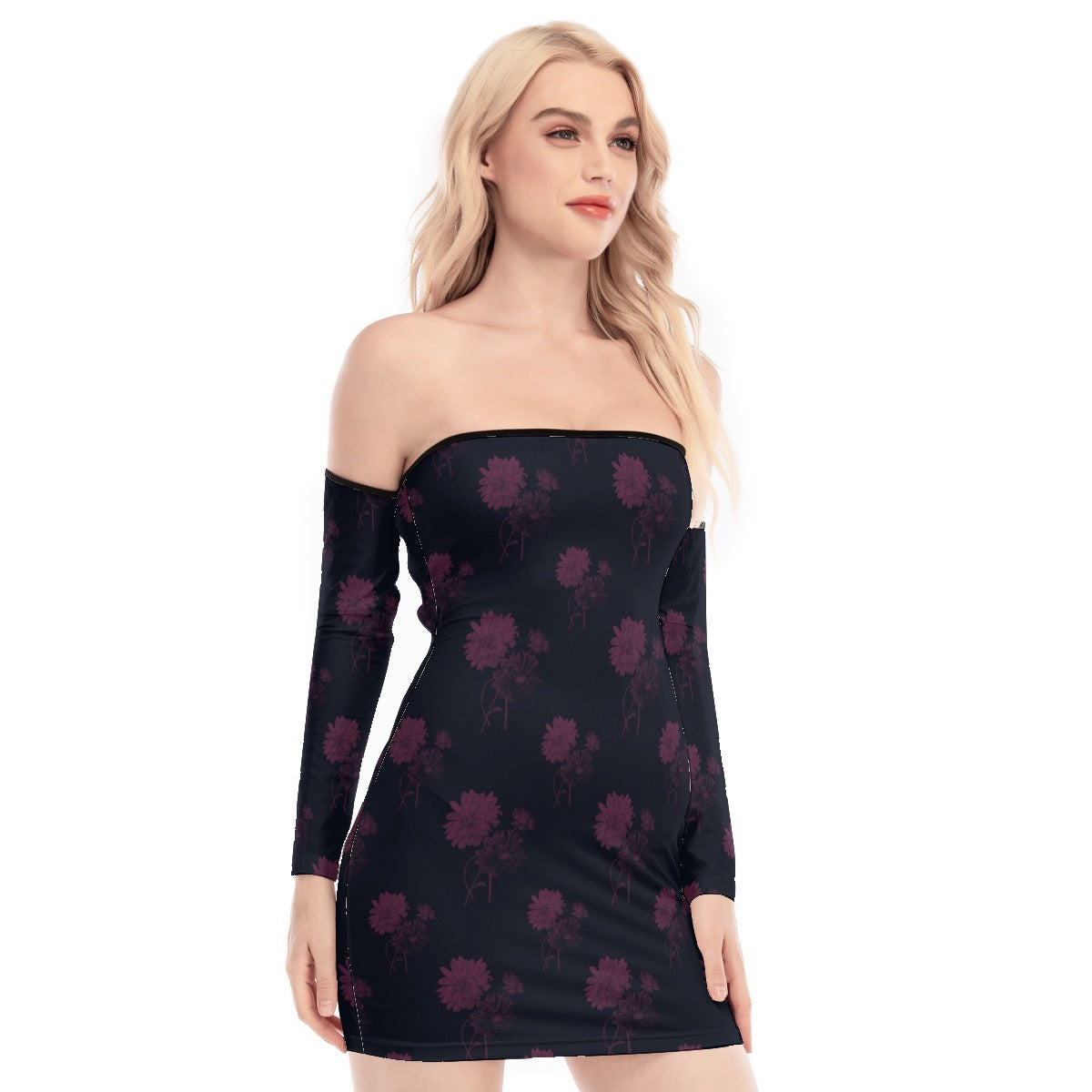 Dark Purple Flowers Off-shoulder Back Lace-up Dress