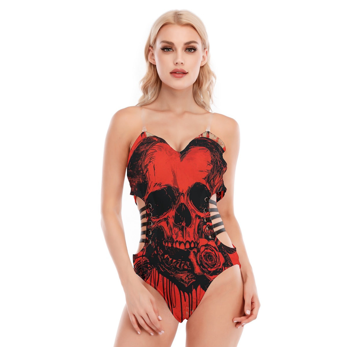 Happy Red And Black Skull Tube Top Bodysuit With Side Black Straps