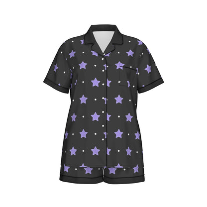 Purple Stars Women's Imitation Silk Pajama Set With Short Sleeve