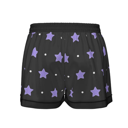 Purple Stars Women's Imitation Silk Pajama Set With Short Sleeve
