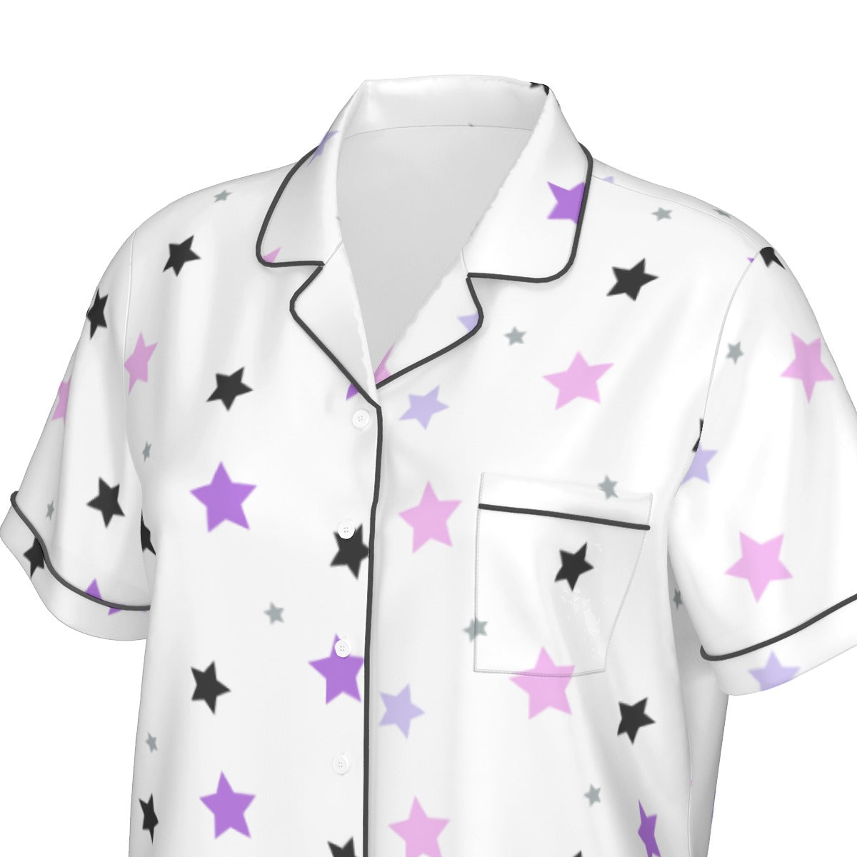 Purple, Pink And Black Stars Women's Imitation Silk Pajama Set With Short Sleeve