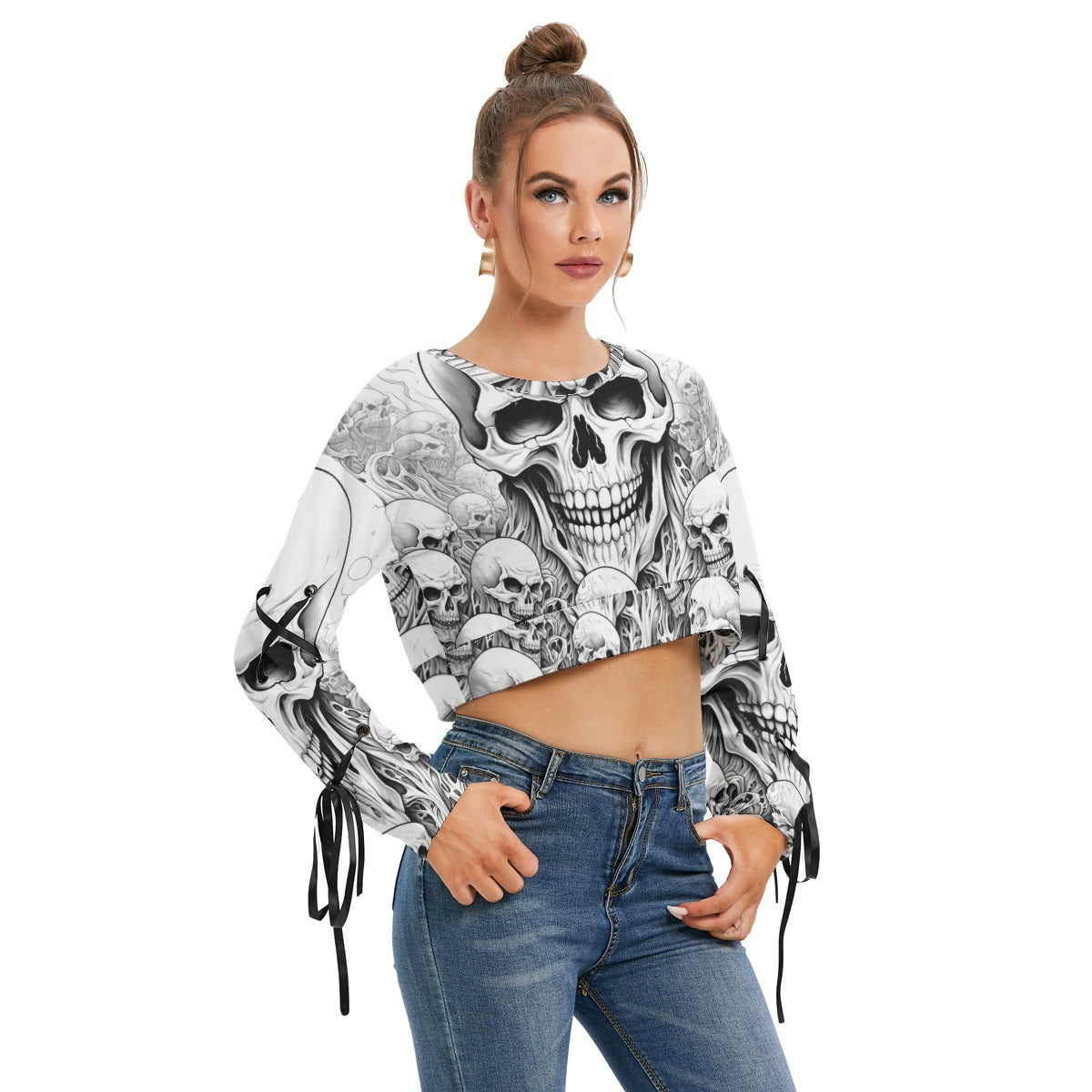 Skull Pile Long Sleeve Cropped Sweatshirt With Lace up