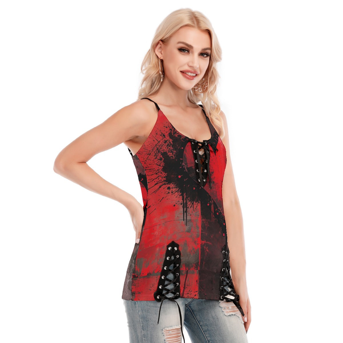 Heart Splatter V-neck Eyelet Lace-up Cami Top