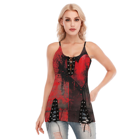 Heart Splatter V-neck Eyelet Lace-up Cami Top