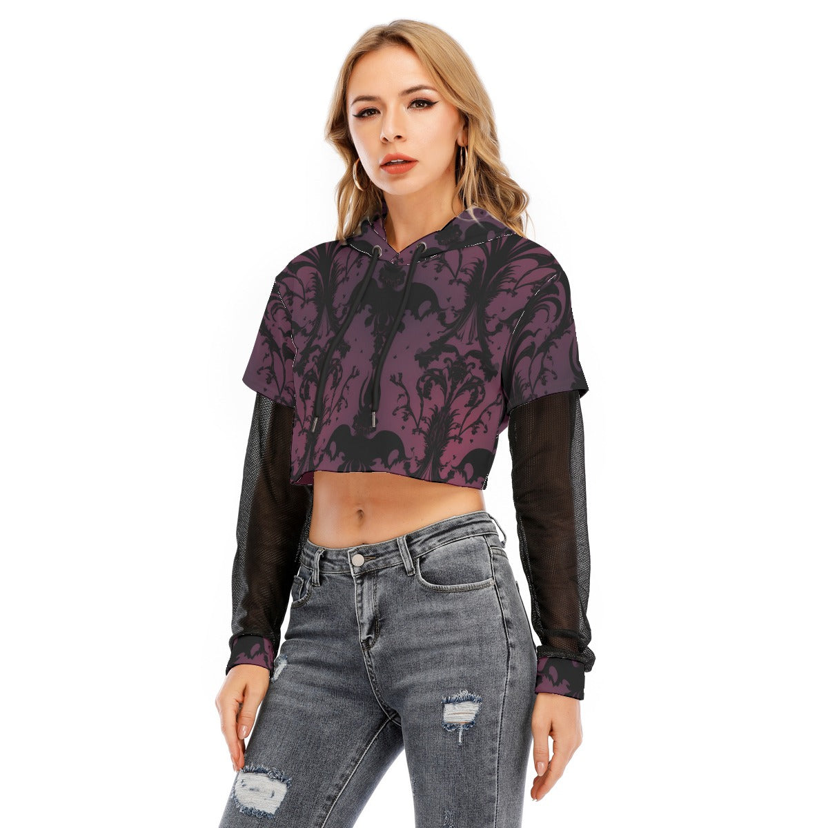 Gothic Purple Design Two-piece Mesh Sleeve Cropped Hoodie