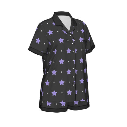 Purple Stars Women's Imitation Silk Pajama Set With Short Sleeve