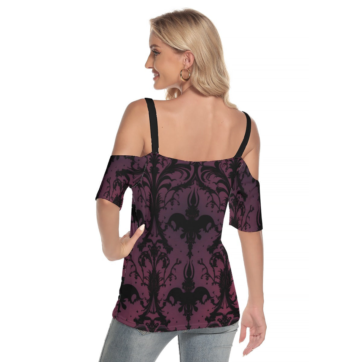 Gothic Purple And Black Women's Cold Shoulder T-shirt With Criss Cross Strips