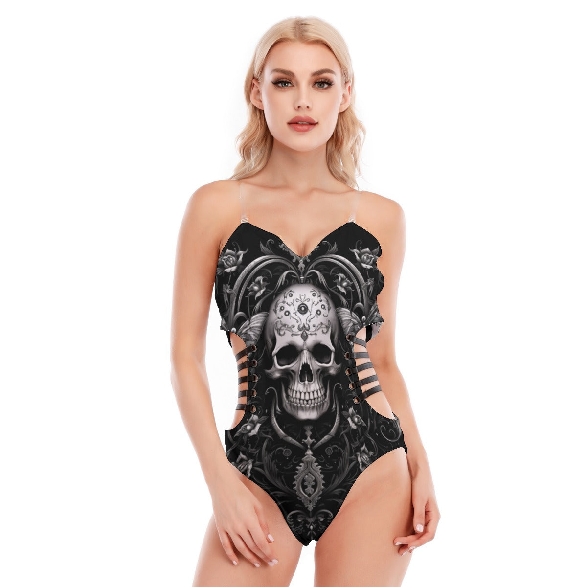 Goth Skull Tube Top Bodysuit With Side Black Straps