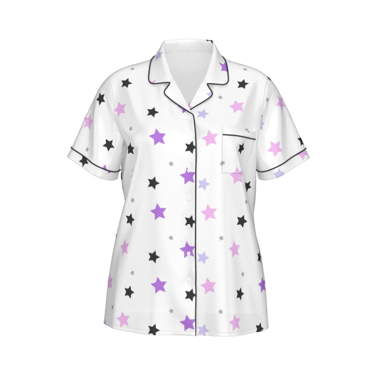 Purple, Pink And Black Stars Women's Imitation Silk Pajama Set With Short Sleeve