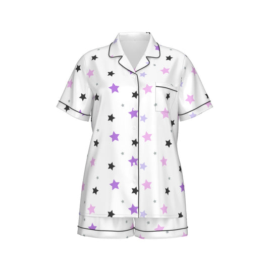 Purple, Pink And Black Stars Women's Imitation Silk Pajama Set With Short Sleeve