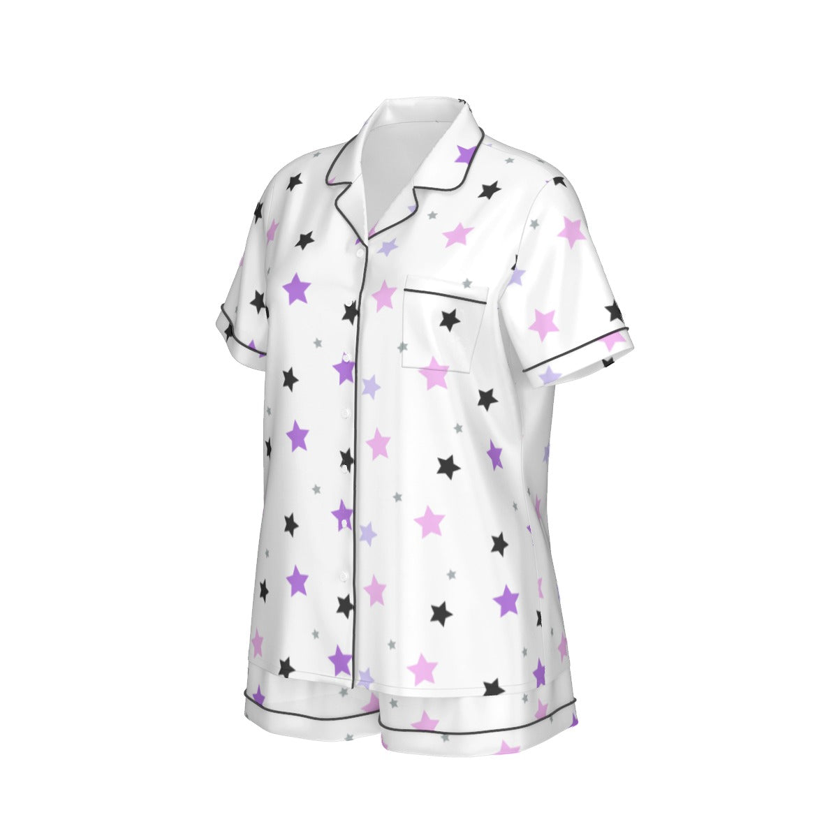 Purple, Pink And Black Stars Women's Imitation Silk Pajama Set With Short Sleeve