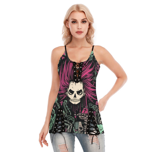 Punk Rock Skull Girl V-neck Eyelet Lace-up Cami Top