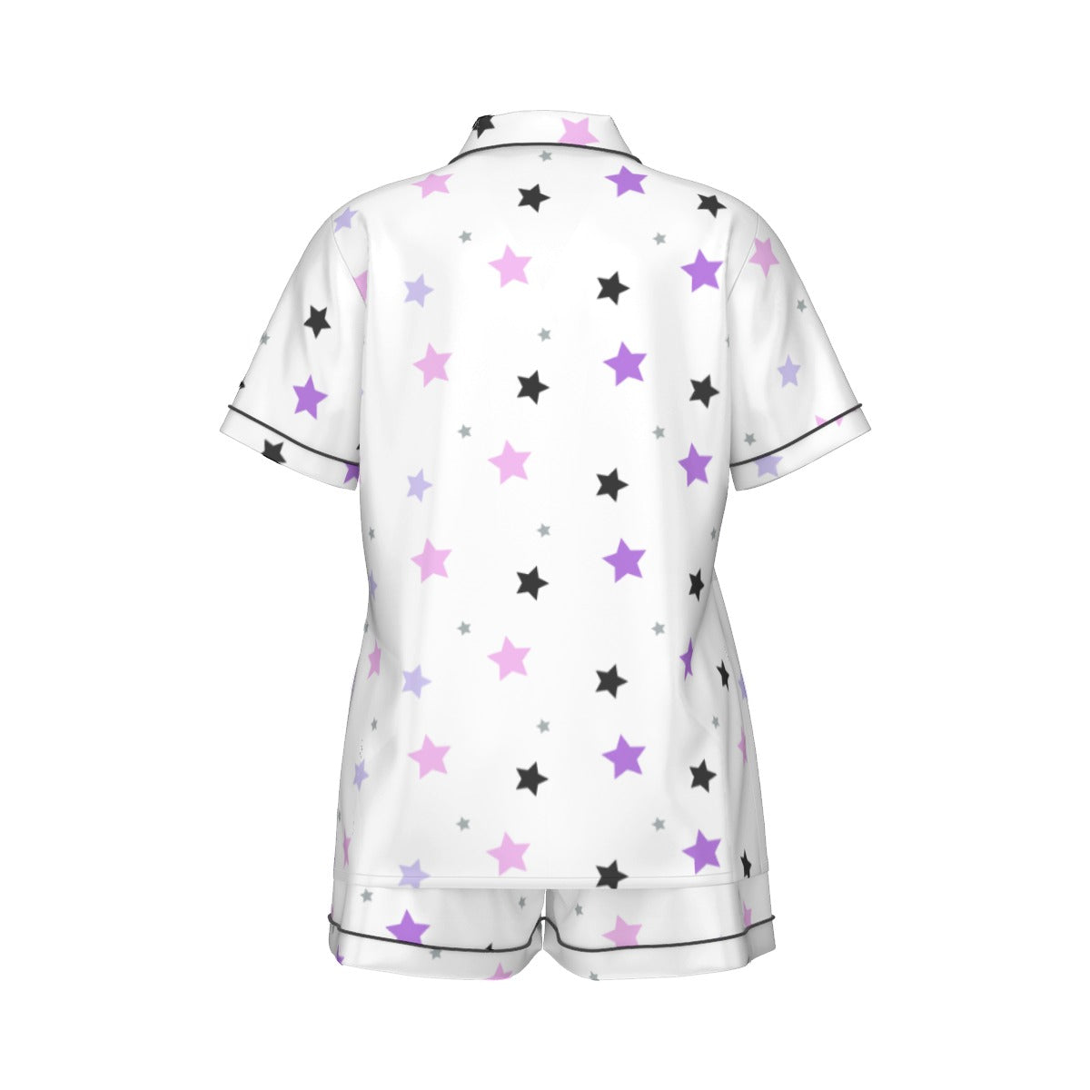 Purple, Pink And Black Stars Women's Imitation Silk Pajama Set With Short Sleeve