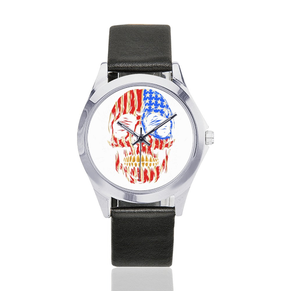 American Flag Skull Head Silver-Tone Round Leather Watch
