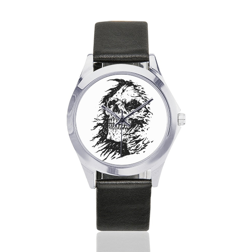 Grim Reaper Head Silver-Tone Round Leather Watch