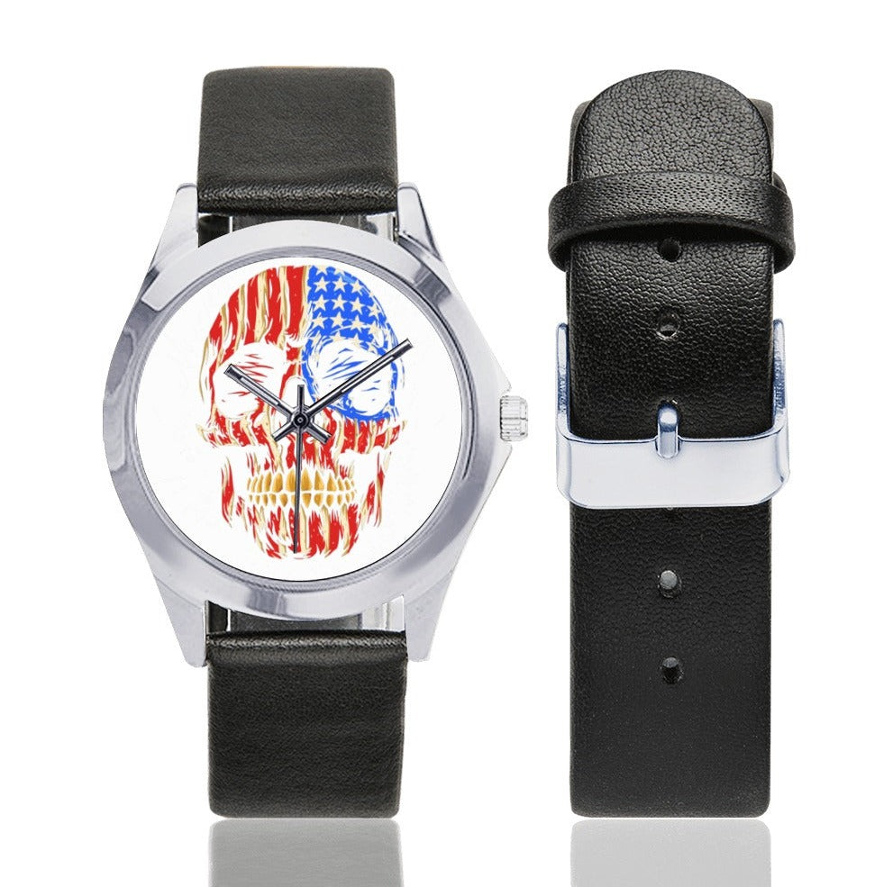 American Flag Skull Head Silver-Tone Round Leather Watch