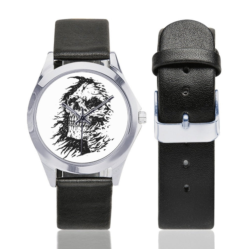 Grim Reaper Head Silver-Tone Round Leather Watch