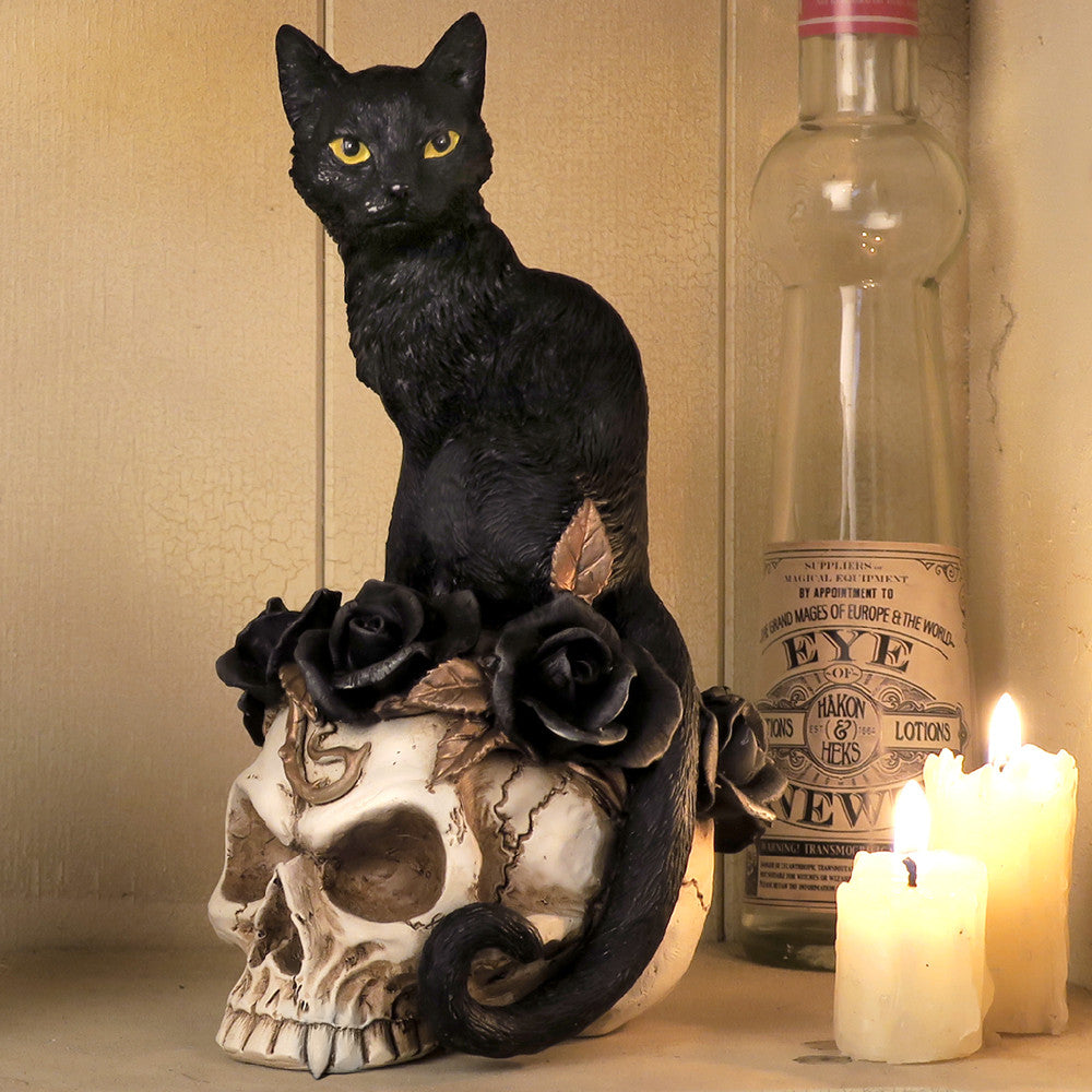 Black Cat Roses And Skull Statue on a counter