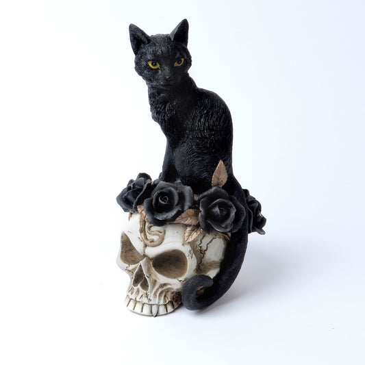 Black Cat Roses And Skull Statue