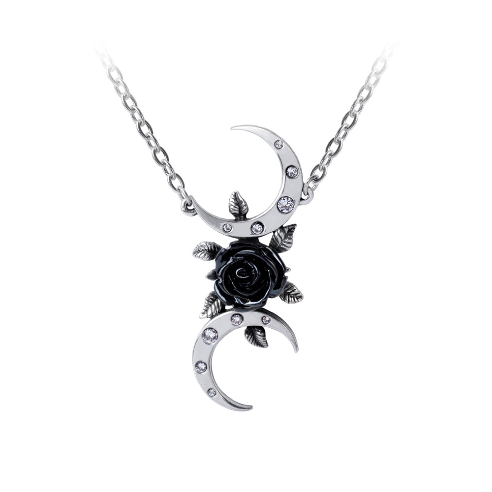 Double Crescent Moon And Black Rose Necklace close up