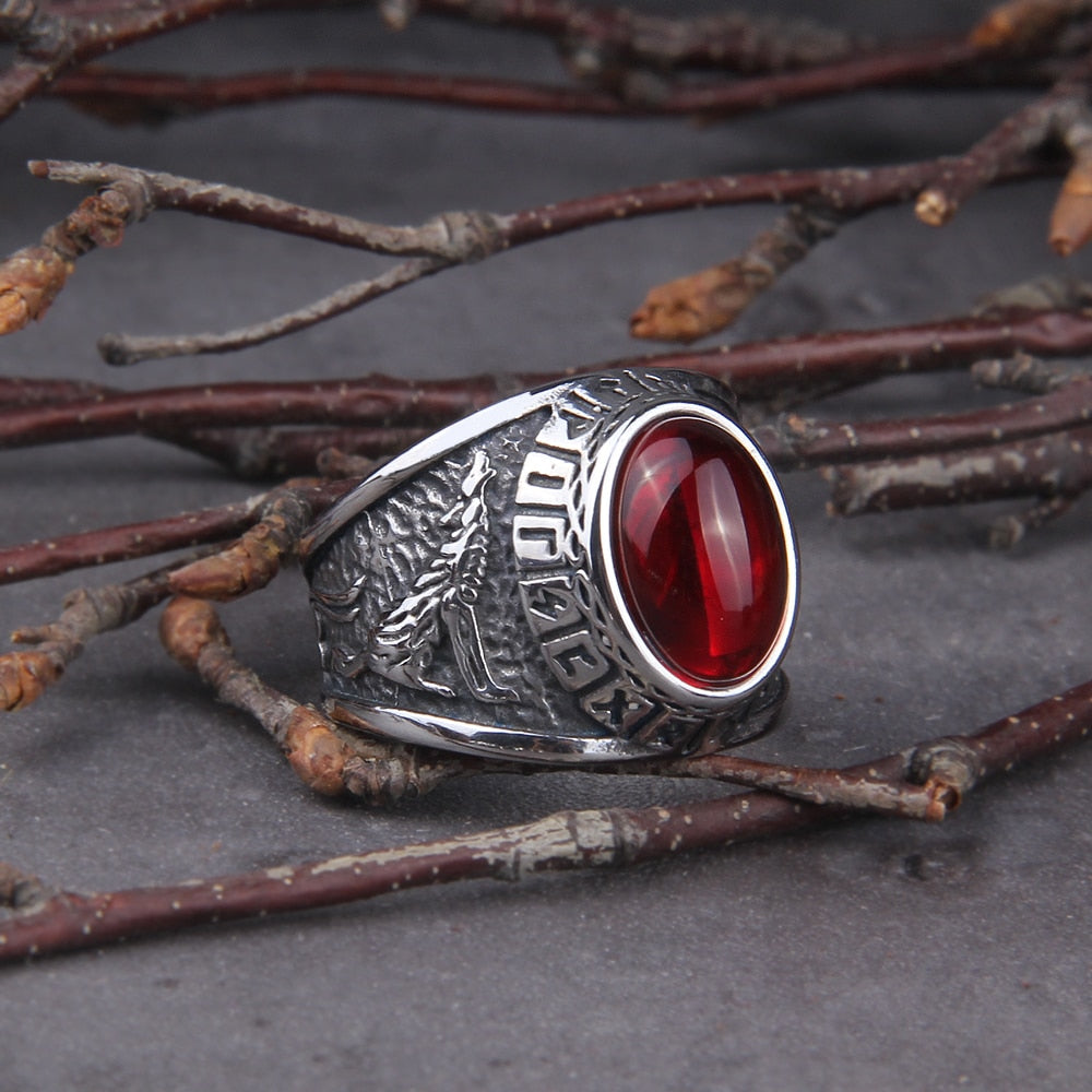 Red Stone Raven And Wolf Ring side view