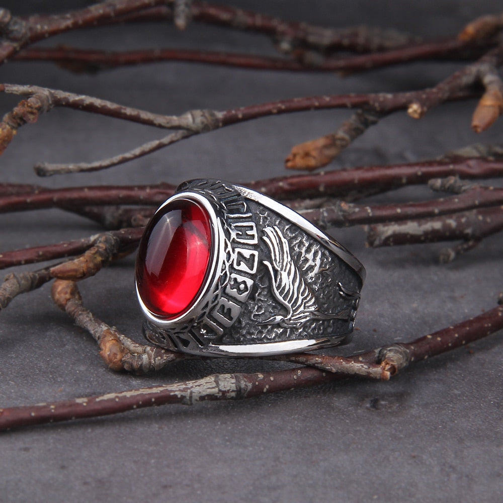 Red Stone Raven And Wolf Ring side view