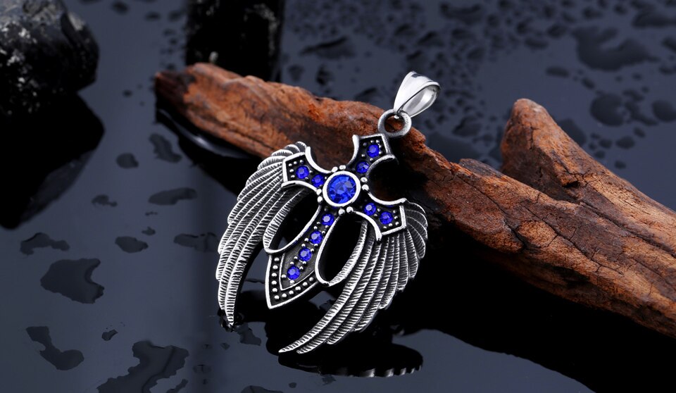 Gothic Cross With Angel Wings Pendant blue