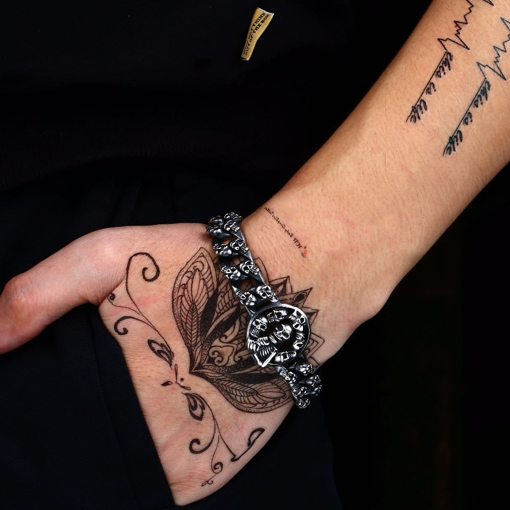 Skull's And Skeleton Bracelet on a arm