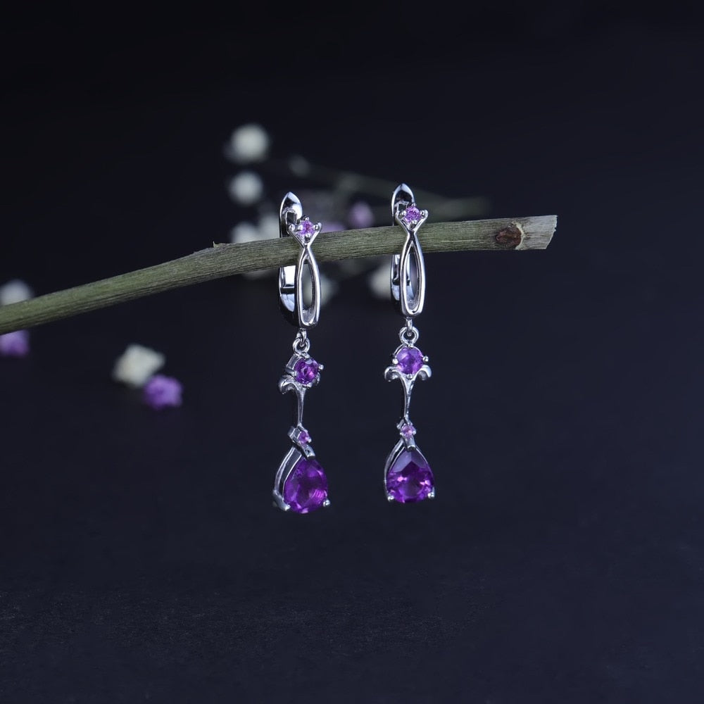 Gothic Purple Amethyst Drop Earring front view