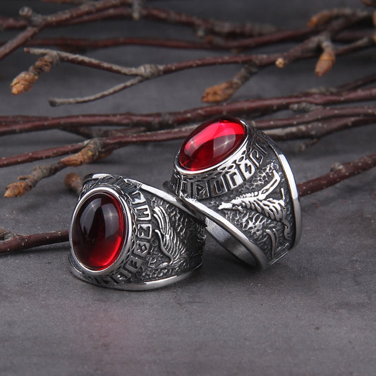 Red Stone Raven And Wolf Ring side views