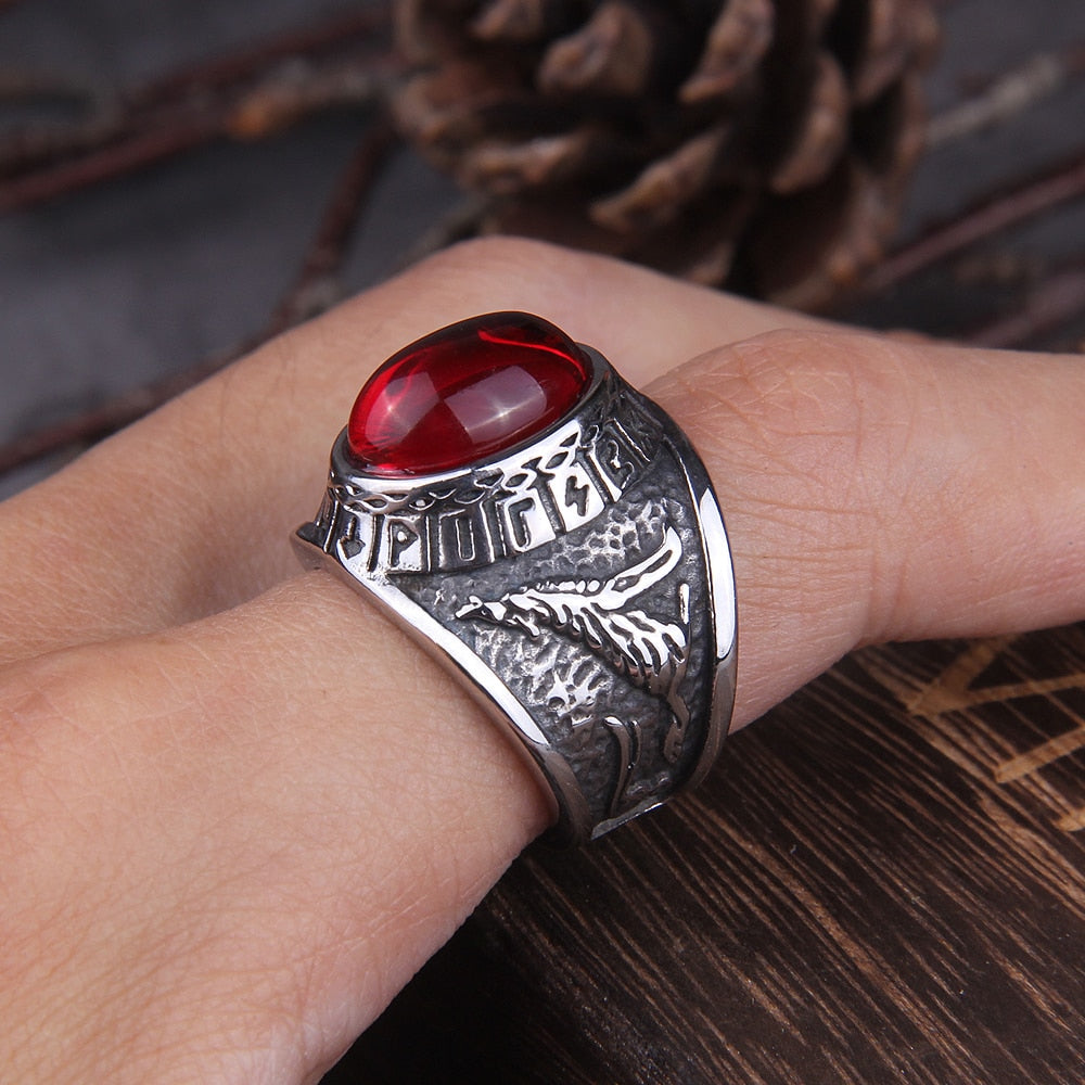 Red Stone Raven And Wolf Ring on a finger