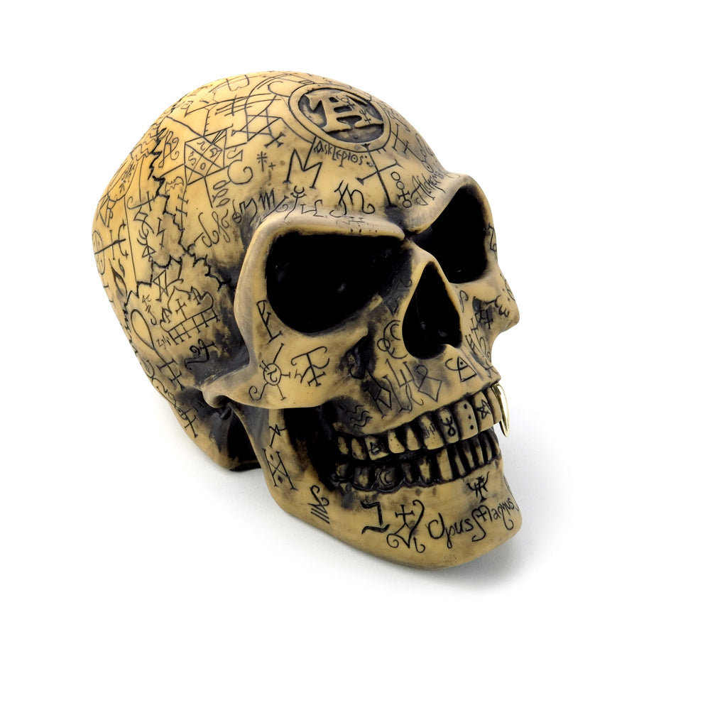 Inscribed Skull Statue front view