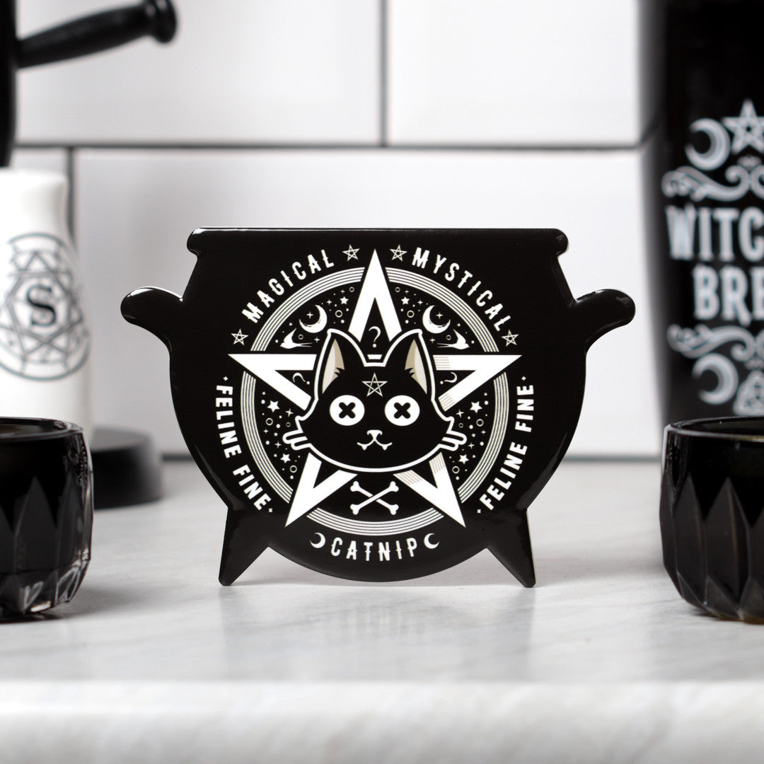Magical Mystical Catnip Cauldron Coaster on a counter