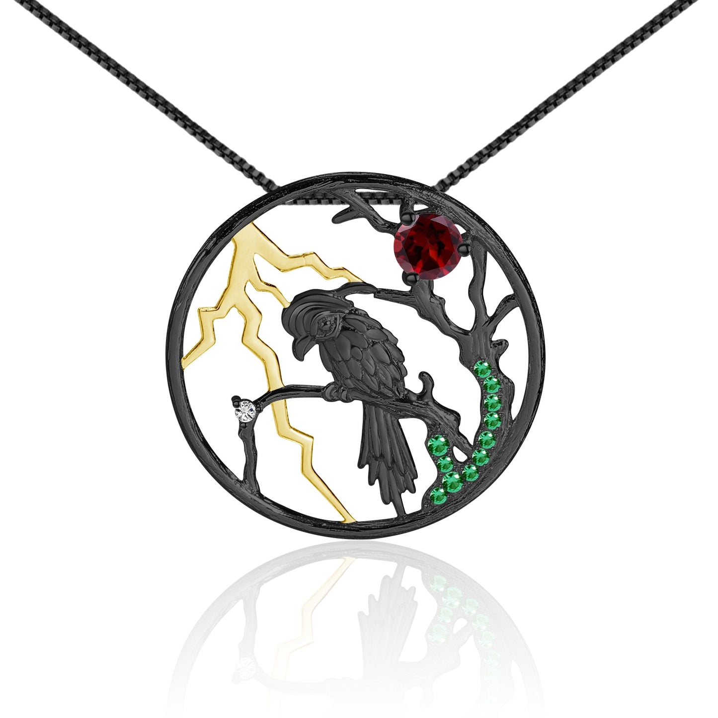 Raven On A Branch 925 Sterling Silver Pendant red
