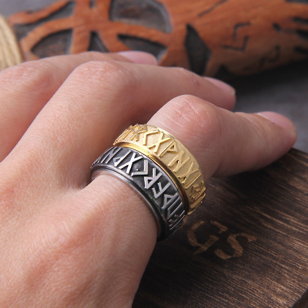 Rotating Runic Viking Ring gold and silver